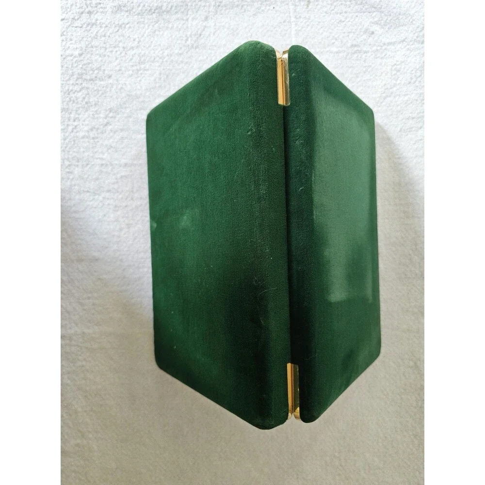 Vintage Green Velvet Jewelry Box Gold Tone Trim Ring Earring Trinket Storage